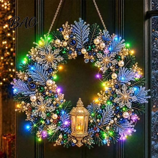 Festive Door Hanging Ornament DIY Acrylic Christmas Faux Pearl Art Kit, Lighted Wreath 3D Beaded Craft Mantelpiece Kit with LED String Light, Beginner