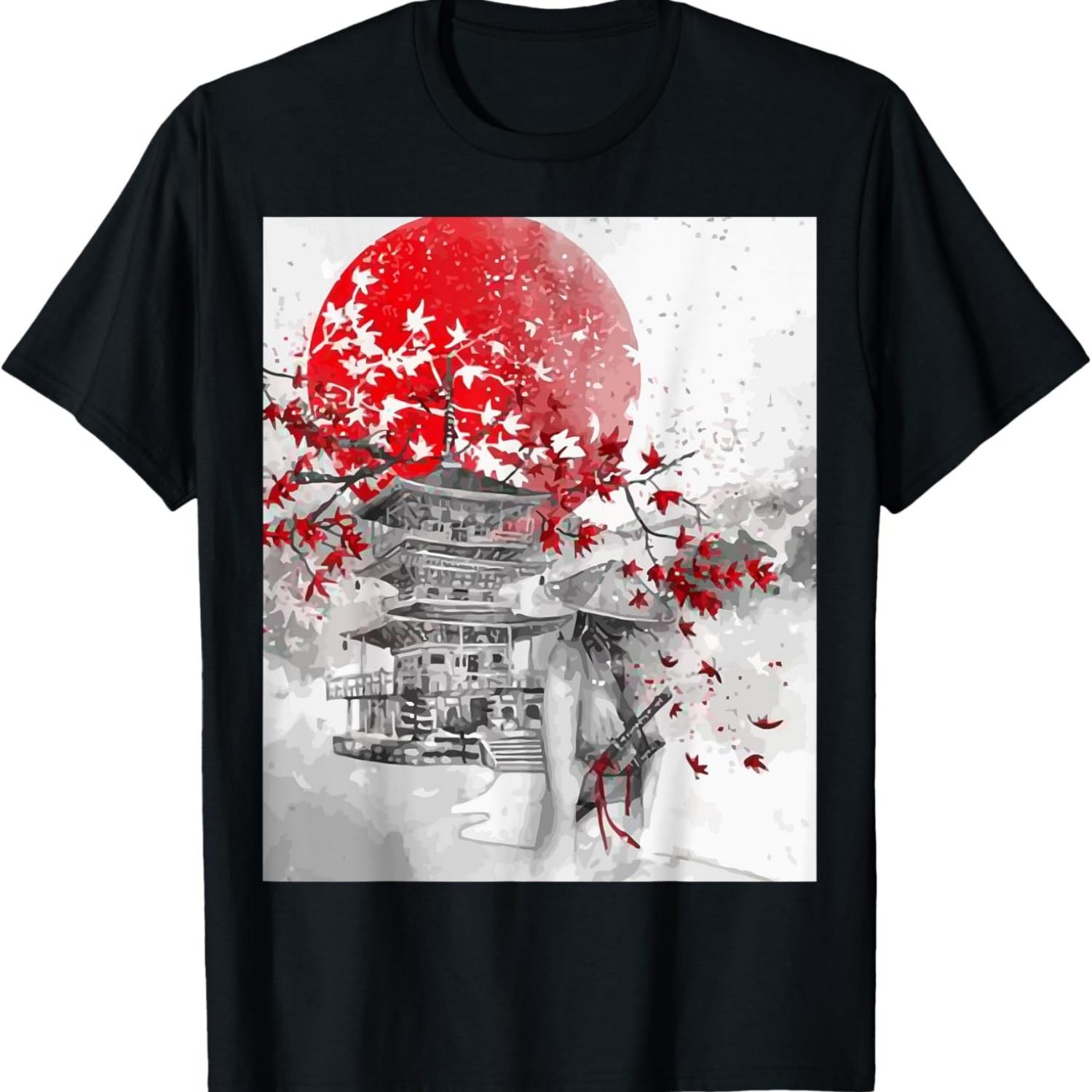 Японская башня с цветами сакуры и самураем Футболка S чёрный