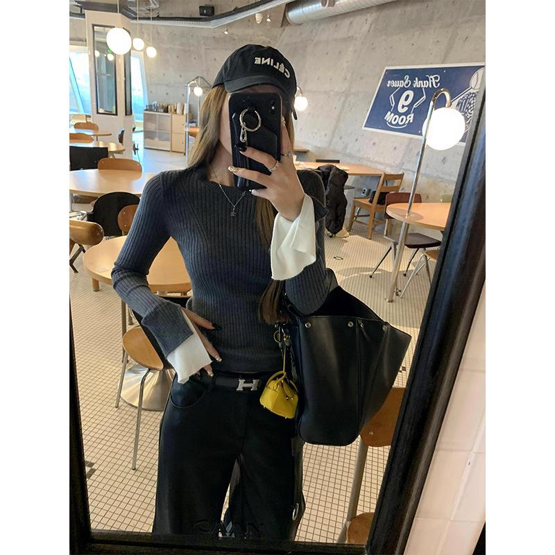 Temperament flared sleeve top women's spring high-end sense slim and thin inner bottoming shirt fashionable knitted sweater