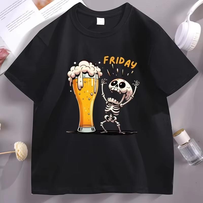 Funny Friday Beer T Shirt Unisex Vintage Skull Graphic Print Pure Cotton Regular Fit Summer Party Bar Streetwear Tee Top
