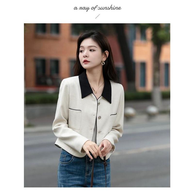 Blazer Feminino Curto Chique com Gola Lapela Mistura de Algodão Roupa de Outono Petite