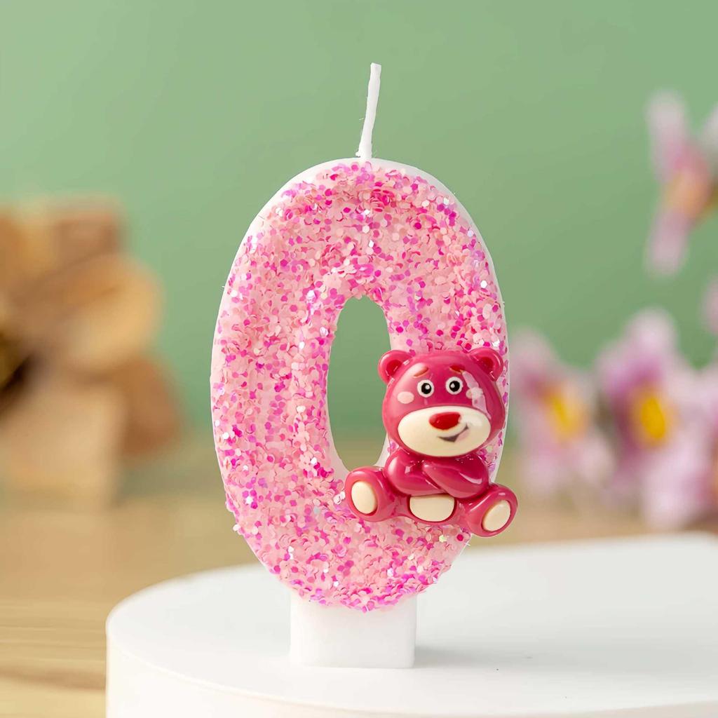 Cartoon Pink Bear Birthday Number Candles Cake Decoration