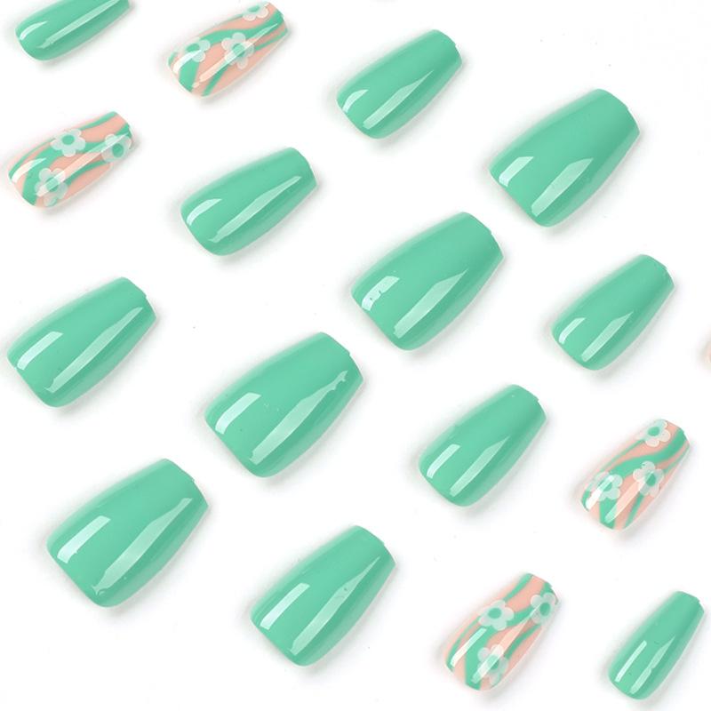 Nail Art Wearing Nail Short Green Wave White Flower Wearing Nail Art Nail Piece Wearing Nail Piece
