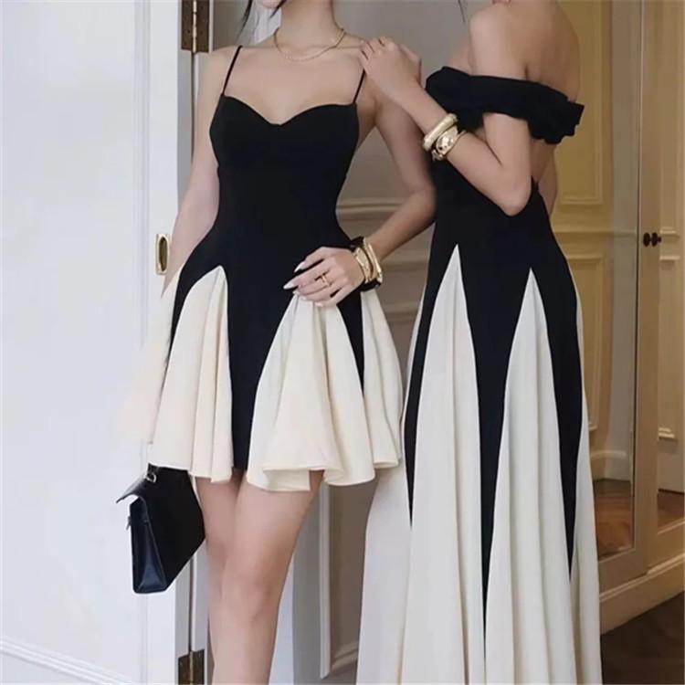 

2025 Summer French Color Block Spaghetti Strap Slimming Short Dress Large