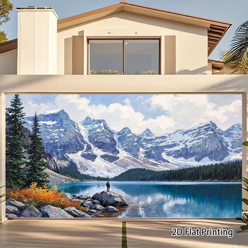 2D Snowy Mountain Lake with Pine Trees Garage Door Cover 47.2x31.5inch/120*80cm