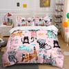 3Pcs Cute Cat Bedding Set, All-Over Cartoon Kittens Print Duvet Cover + 2 Pillowcases, Kids Nursery Decor