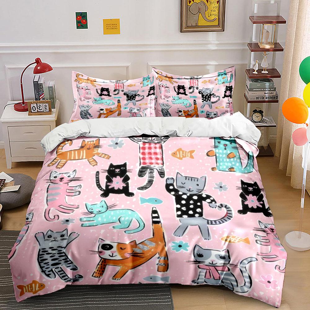 3Pcs Cute Cat Bedding Set, All-Over Cartoon Kittens Print Duvet Cover + 2 Pillowcases, Kids Nursery Decor