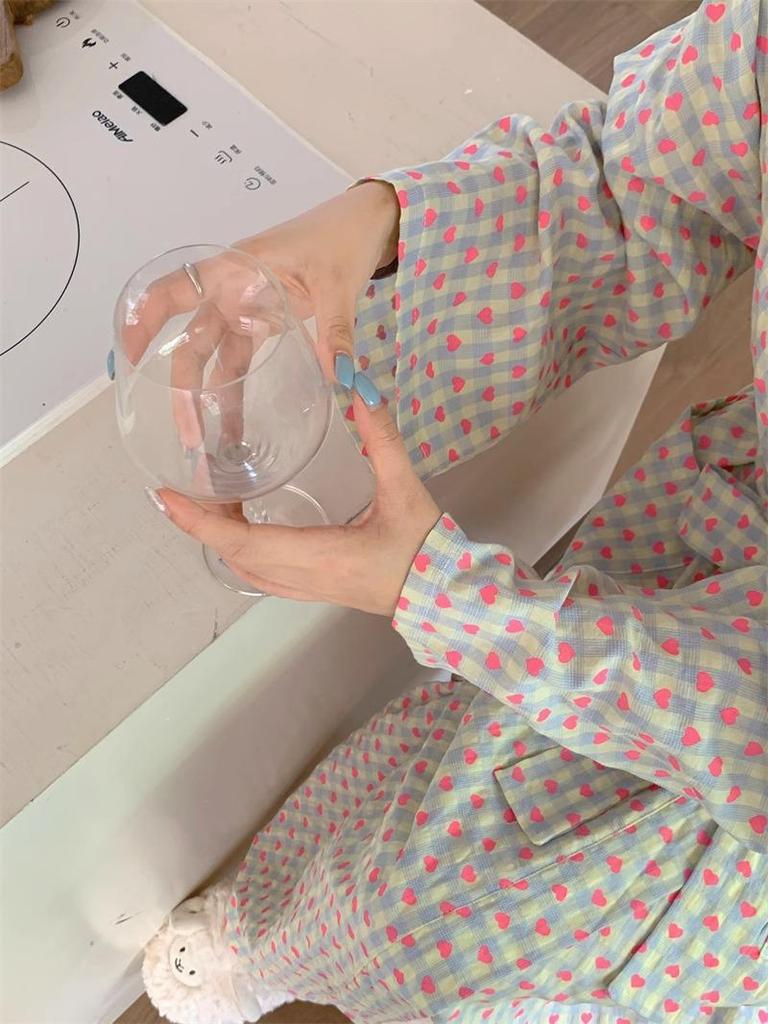 Heart Plaid Loose Mid-Length Pajamas Bathrobe - Cozy, Casual Homewear for Autumn and Spring