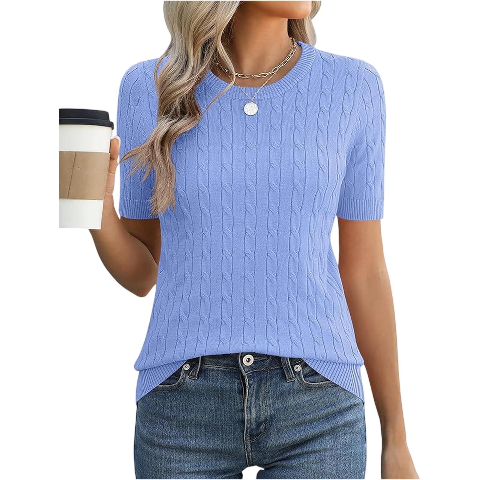 Women s Round Neck Lightweight Short Sleeved Knitted Sweater Top With Twisted Flowers S синий