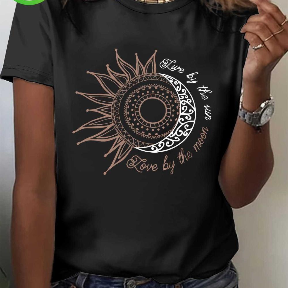 Women'S Casual Short Sleeve T-Shirt with Inspirational Sun and Moon Print Round Neck Fashion Top Ladies T Shirts