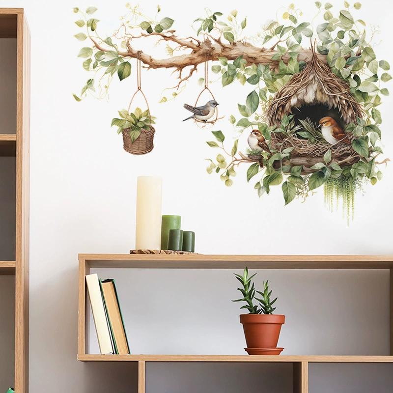 Colorful Flower Pendant Lamp Bird Wall Sticker For Bedroom Living Room Entrance Home Background Decoration Self-adhesive 29*22CM