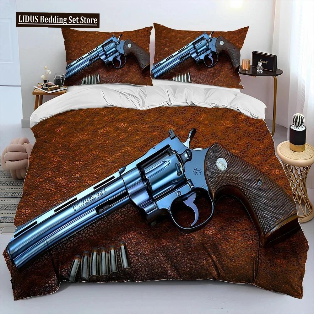 3D Gevär Revolver Patron Vapen Täckset Sängkläder, Påslakan Sängset Quiltöverdrag Örngott, King Queen Storlek Sängklädesset