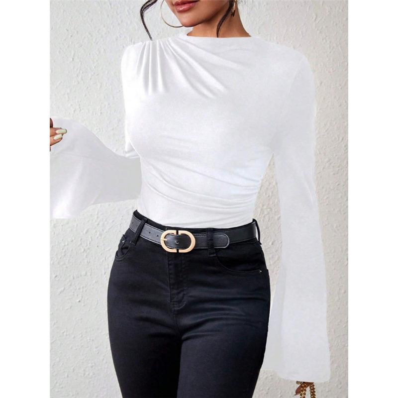 Herbst Neues Vielseitiges Raffdesign Glockenärmel Stehkragen Schlanke Passform Damen-T-Shirt