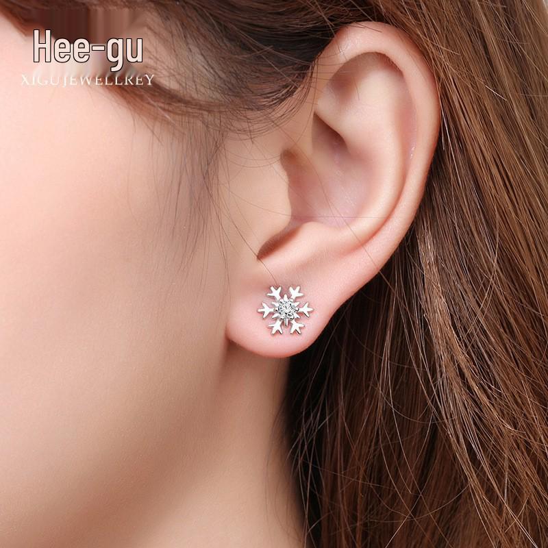 S925 Silver Zircon Snowflake Stud Earrings - Korean Style Christmas Gift for Girls