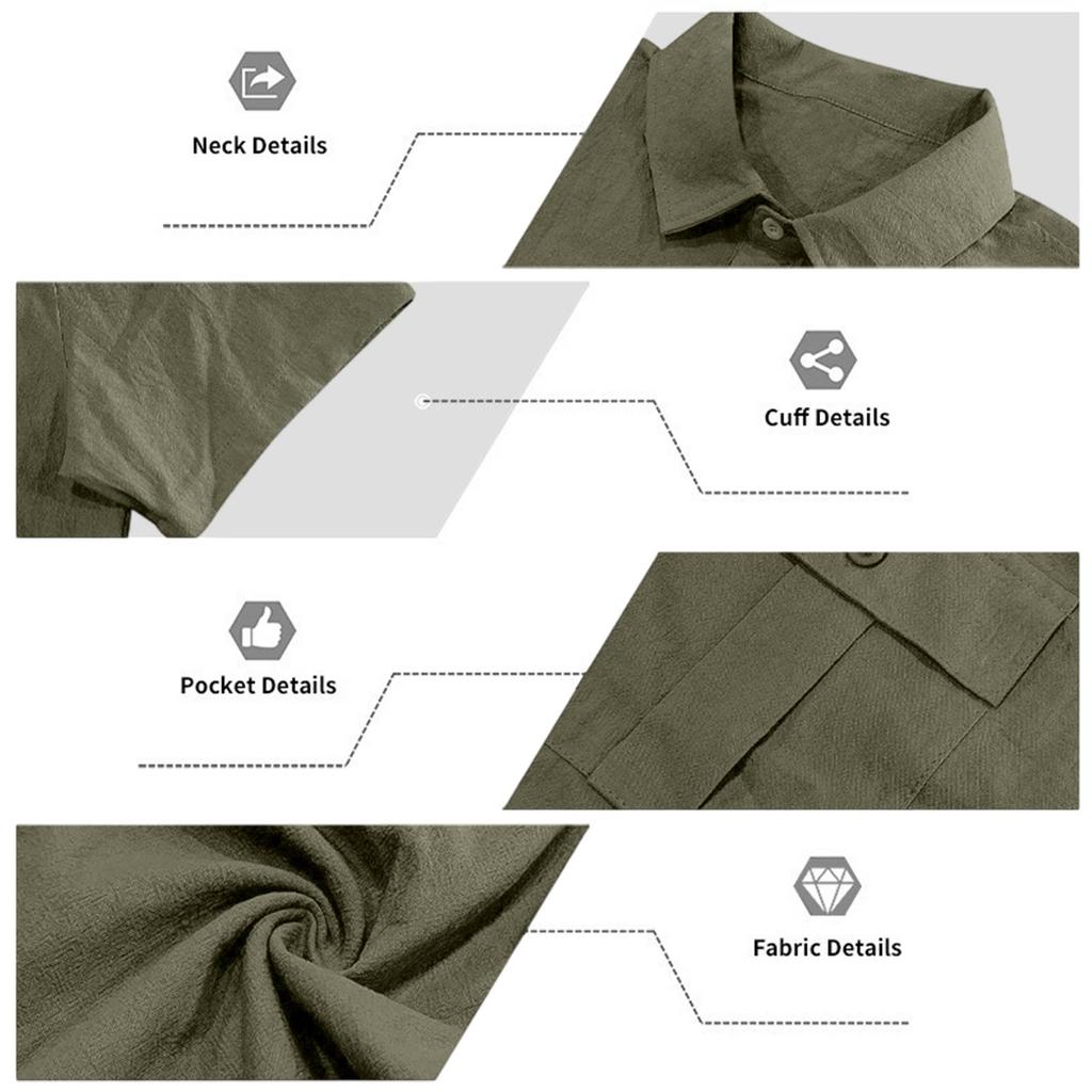 Camicia da lavoro a maniche corte da uomo con due tasche in cotone e lino per uso casual quotidiano