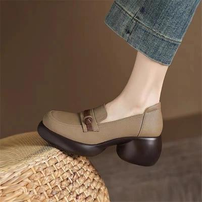 Retro Thick-soled Small Leather Shoes Women's Thick-heeled Loafers 2025 New Autumn One-pedal Lazy Soft Leather High-heeled Single Shoes