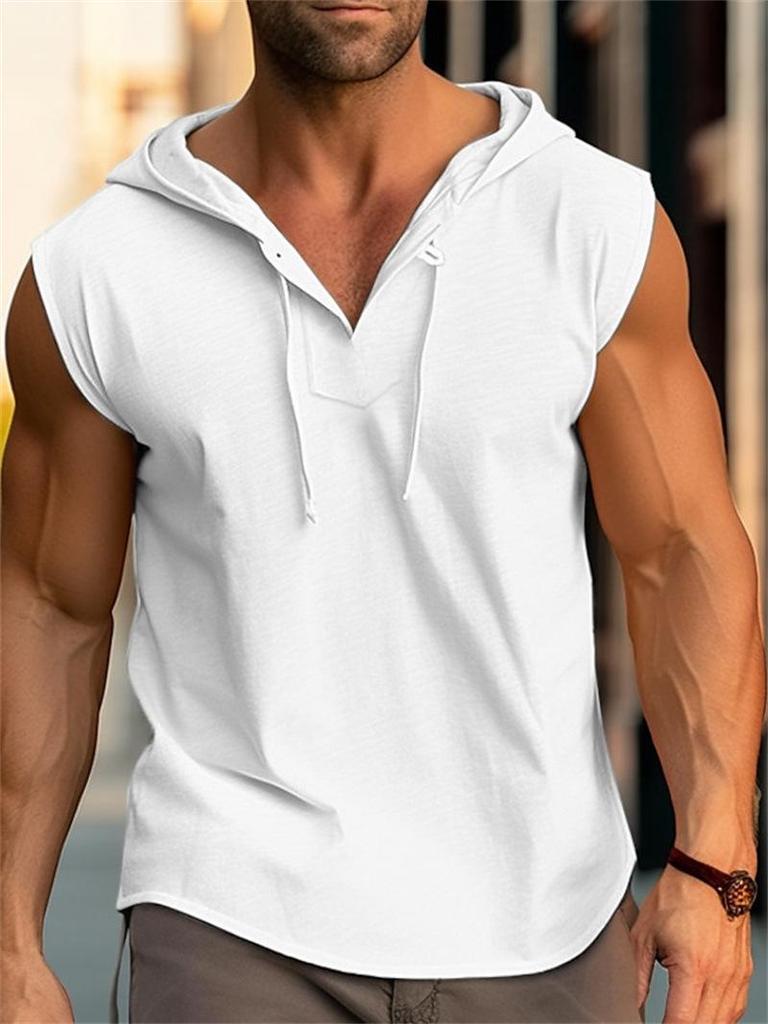 2026 Men's Sleeveless Fitness Drawstring Solid Color Hooded Vest