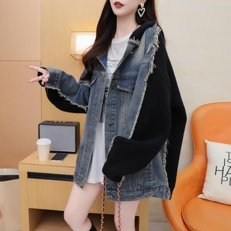 DIMANAF 2025 Winter New Jacket Women Sweaters Denim Coat Patchwork Wadded Cardigan Knitting Pockets Sweater