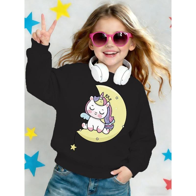 Kids Crewneck Sweatshirt, Cute Unicorn Moon Star Print Sweet Long Sleeve Top for Spring Autumn