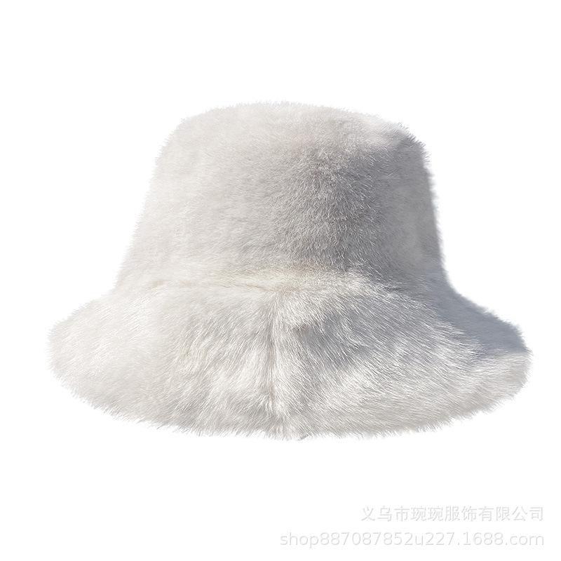 Autumn and winter new solid color bucket hat women's fashion show small face warm fluffy basin hat simple imitation mink bucket hat