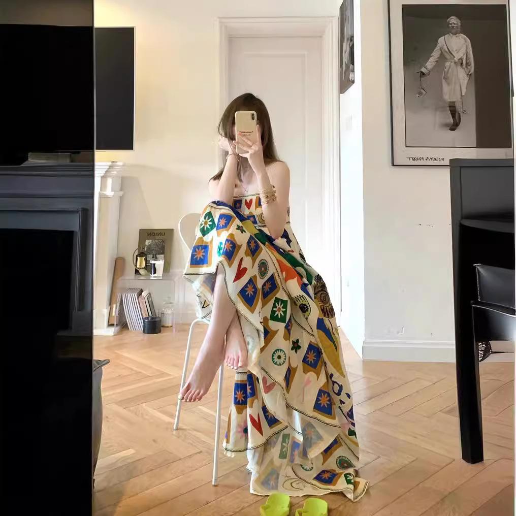 Summer New Sleeveless Collarless High-waisted Printed Painted Women's Large Pendulum Suspender Dress