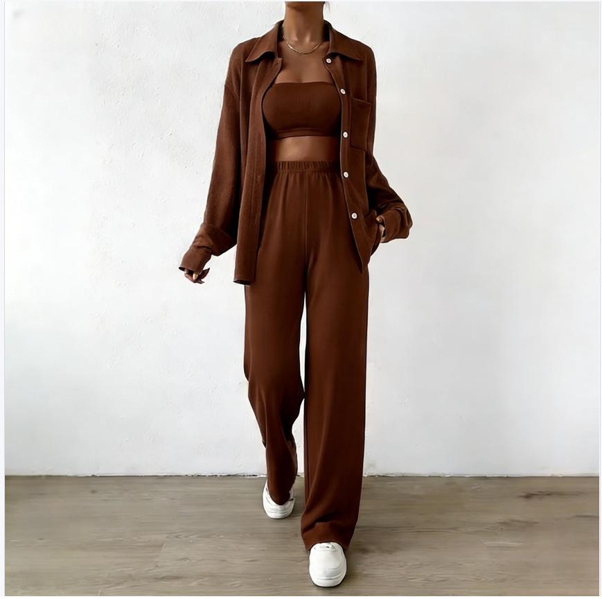 

Women s Plus Size Solid Blue Two-Piece Set - Black Apricot Loose Fit for Spring/Autumn, Medium Length, Fashionable Design. 3XL кавовий