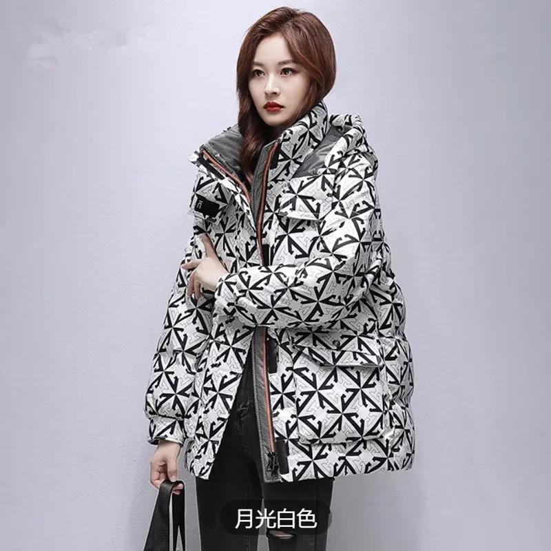 Winter Women's Mid Length Printed Down Cotton Jacket Standing Collar Hooded Winter Clothing
