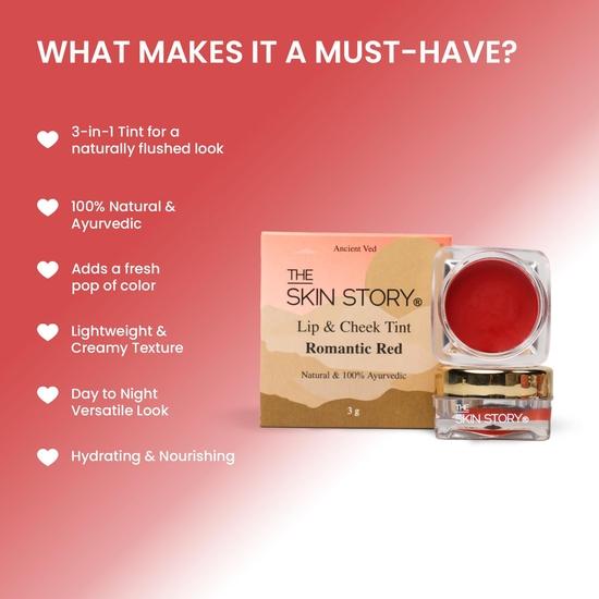The Skin Story Lip & Cheek Tint Romantic Red | Rosewood | Infused with Manjistha & Mango Butter | 3-in-1 Multi-Purpose Tint for Lips, Cheeks | 3g