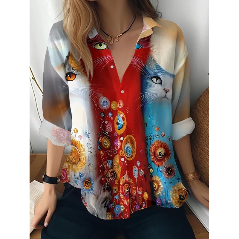 Women's Casual Long-Sleeve Shirt, Heterochromia Floral Cat Print, Whimsical and Lively, Versatile Top for Holiday Parties
