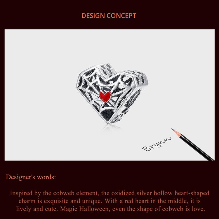 WOSTU Retro Spider Web Pattern Hollow Heart 925 Sterling Silver Charm Beads Fit Bracelet Bangle Fine Jewelry