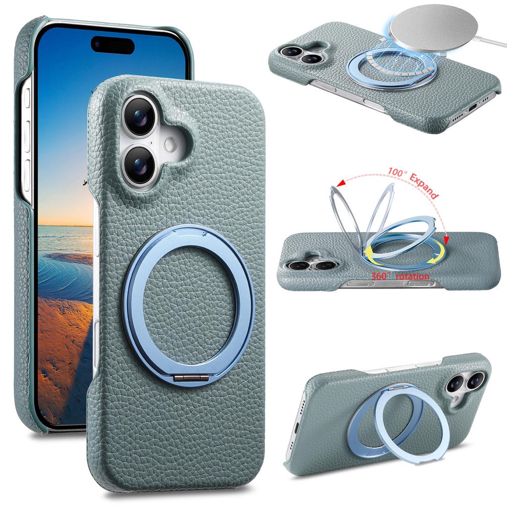 360 Rotating Magnetic Kickstand Lychee Grain Leather Phone Case For iPhone 17 Pro Max 16 Plus 15 14 13 12 11 Shockproof Cover