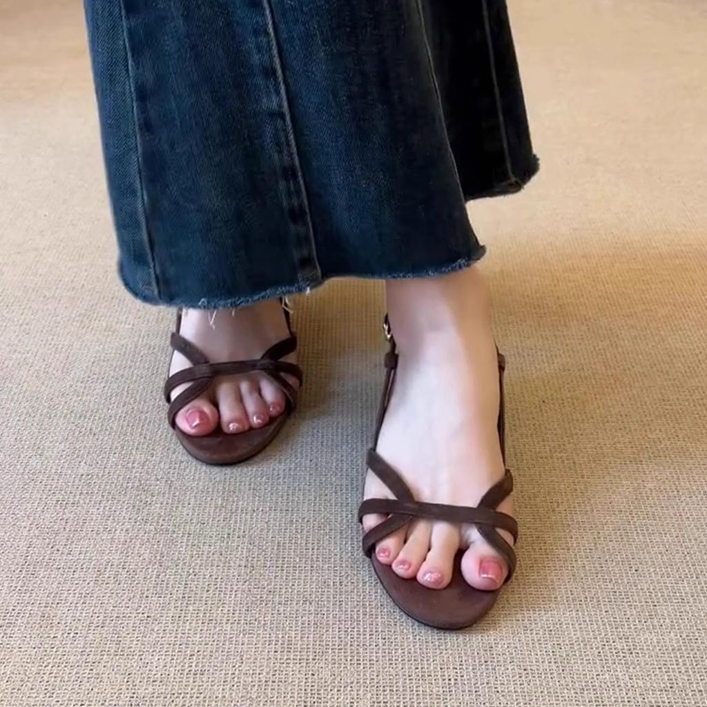 Sheepskin Version~ Retro Round Head Hollow Niche Design Open-toed Sandals Women's Soft-soled Commuter Wedge Heel Roman Sandals