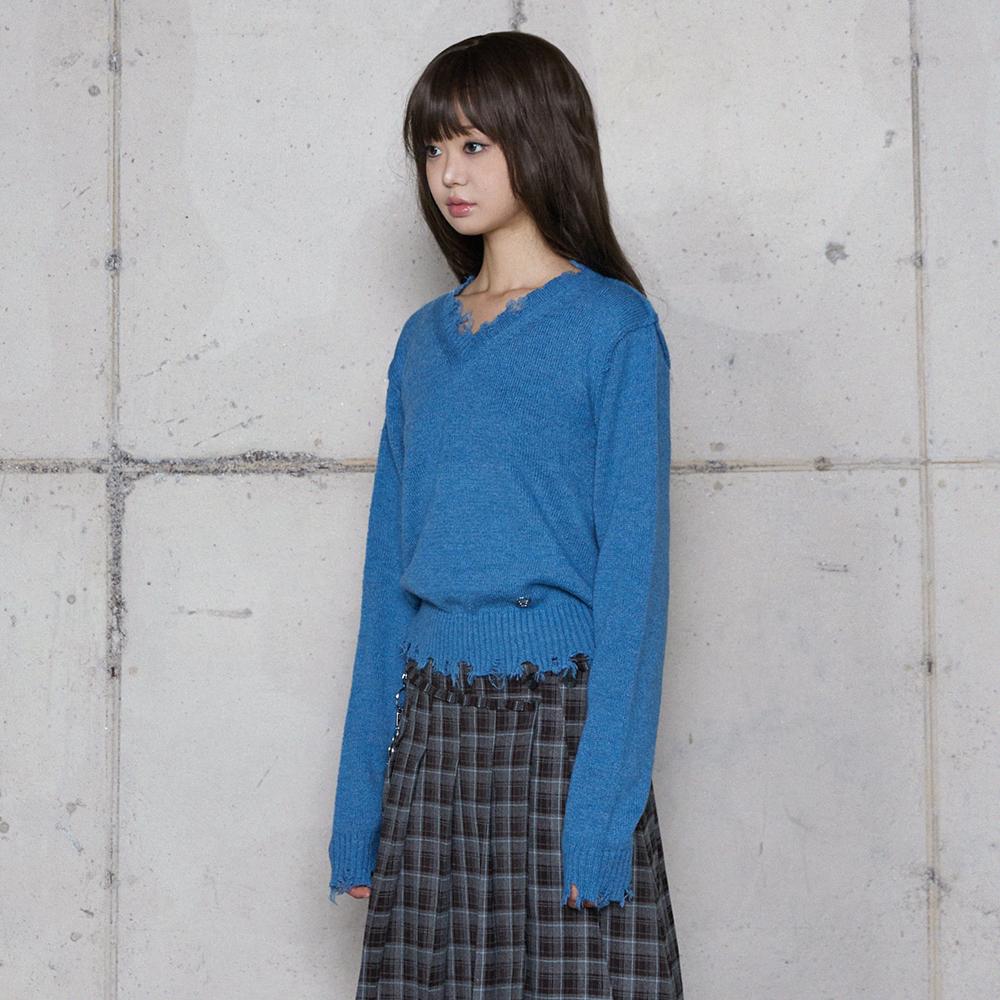 LALAFOX Destroyed V-Neck Knit Blue V-Neck Knit Br4Kl002