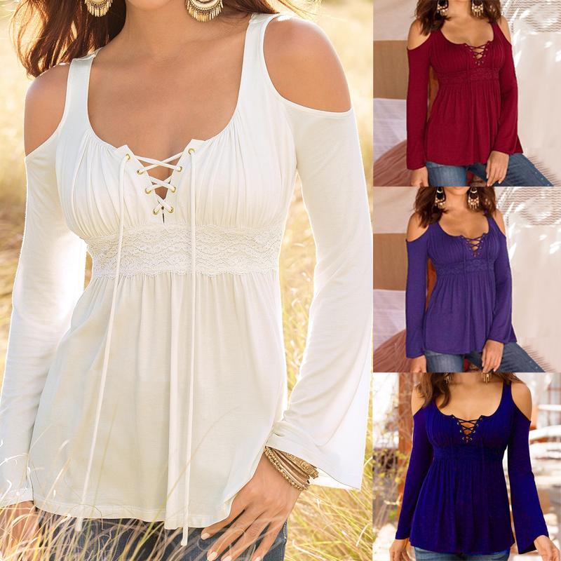 2019 New Fashion Summer Women Sexy Shirt Lace-Up Eyelet Off Shoulder Casual Stylish Blouse