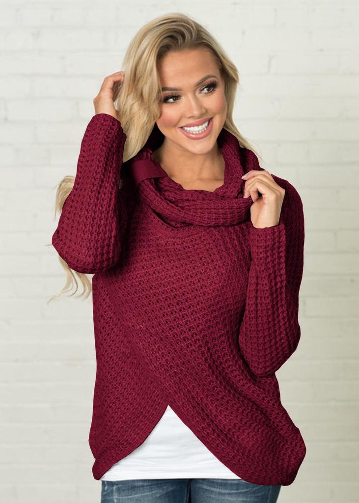 Women's Solid Color High Neck Long Sleeve Button Cardigan Sweater