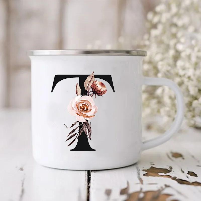 Initial Letter Print Mugs Enamel Creative Coffee Cups Drinks Wine Juice Milk Cup Vintage Home Office Handle Drinkware Best Gifts
