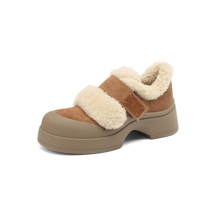 

Модные новые зимние туфли на платформе из коровьей замши для женщин, с круглым носком, шерстяные женские туфли-лодочки, женская обувь на массивном каблуке, лоферы, туфли на высоком каблуке для женщин 40 абрикосовый
