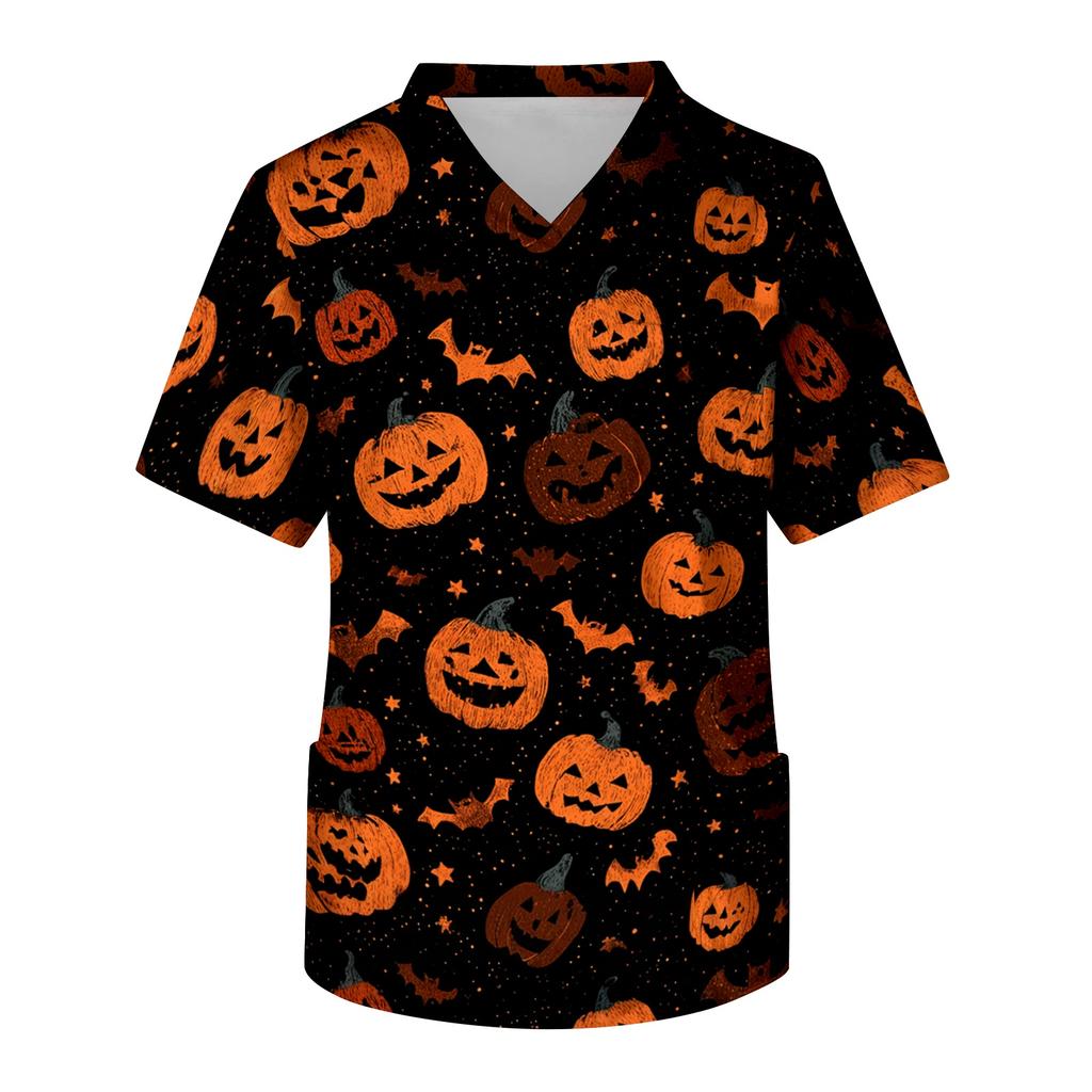 Men's Short Sleeve V-Neck Halloween Print Scrub Top with Chest Pocket for Work Uniform