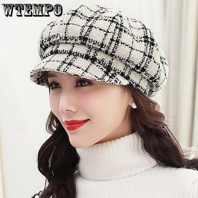 Frauen Plaid Maler Kappe Damen Herbst Winter Verdickt Fleece Vielseitig Achteckigen Hut