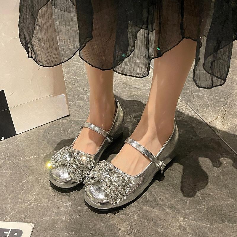 Crystal Bow Low Heel Single Round Toe Shallow Mouth Slip Strap Soft Sole Non-Slip Shoes French Women's New Shallow Bow Flats