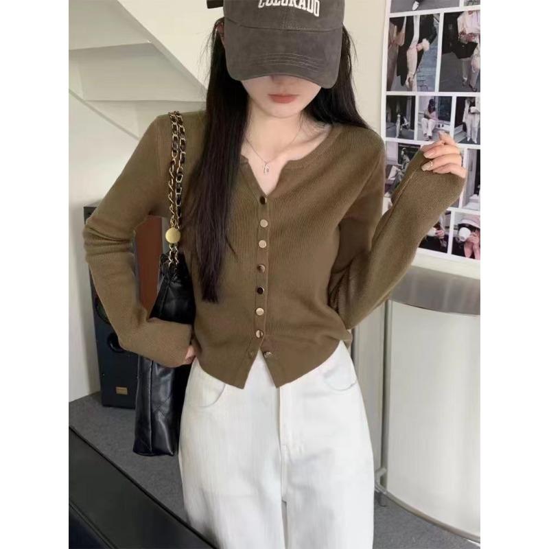 Slim-fit Long-sleeved Knitted Cardigan Women's Autumn New Solid-color Simple and Versatile Sweater Bottoming Shirt Short Top
