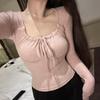 Sweet & Spicy Pink Ribbed Square Neck Long Sleeve Slim Fit Women's T-Shirt