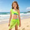 Ensemble de Maillot de Bain Deux Pièces pour Filles Haut Bikini Volanté Une Épaule avec Sangle Réglable et Paréo en Maille Couvrant Tenue de Plage pour Enfants