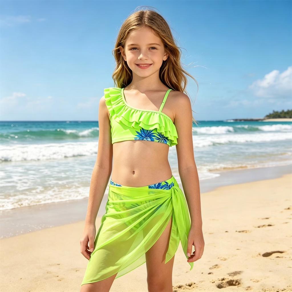 Ensemble de Maillot de Bain Deux Pièces pour Filles Haut Bikini Volanté Une Épaule avec Sangle Réglable et Paréo en Maille Couvrant Tenue de Plage pour Enfants