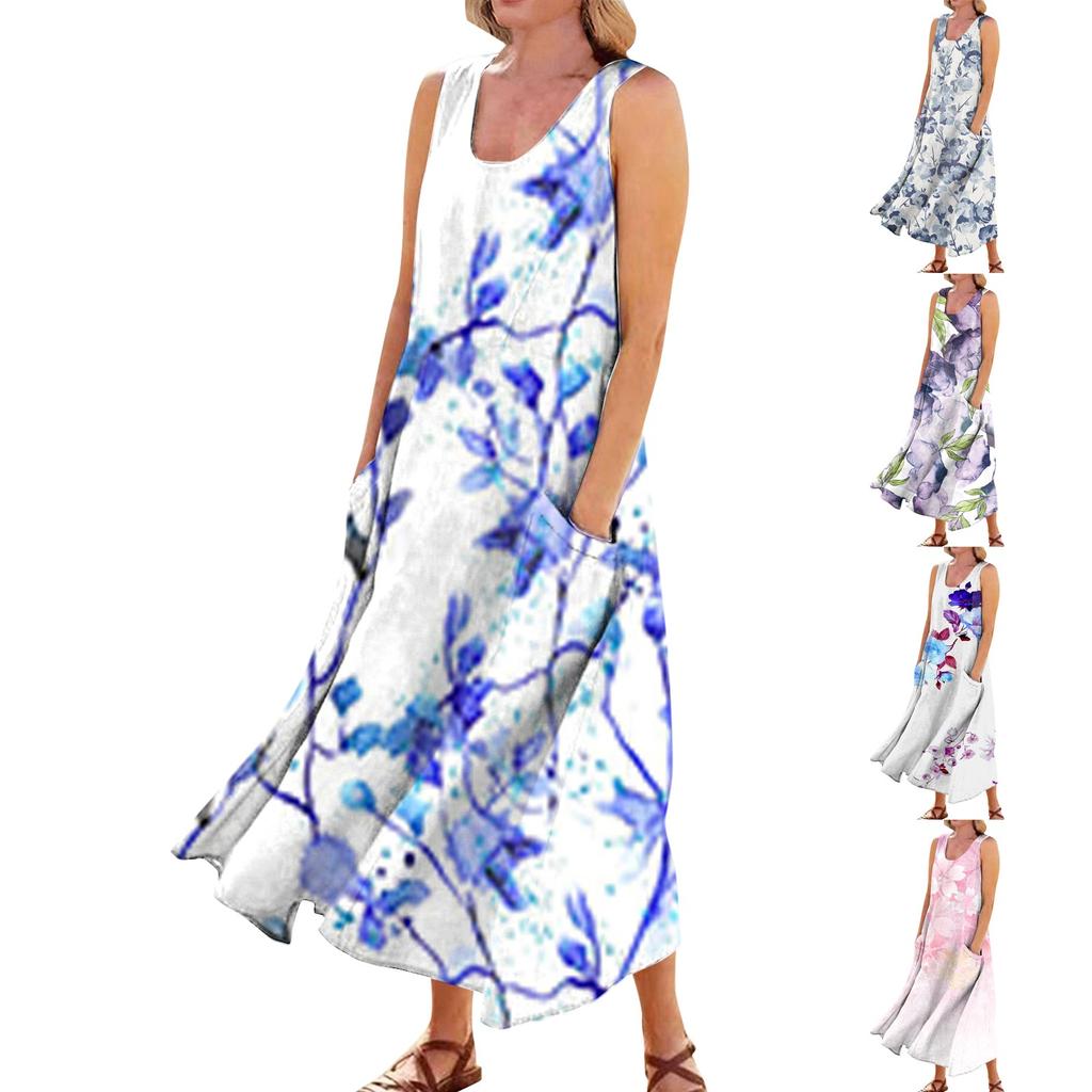 Women's Casual Comfortable Floral Print Sleeveless Cotton Pocket Dress