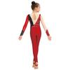 Girls Long Sleeve Finger Holes Keyhole Back Shiny Rhinestones Stirrup Bodysuit Gymnastics Dance Jumpsuit