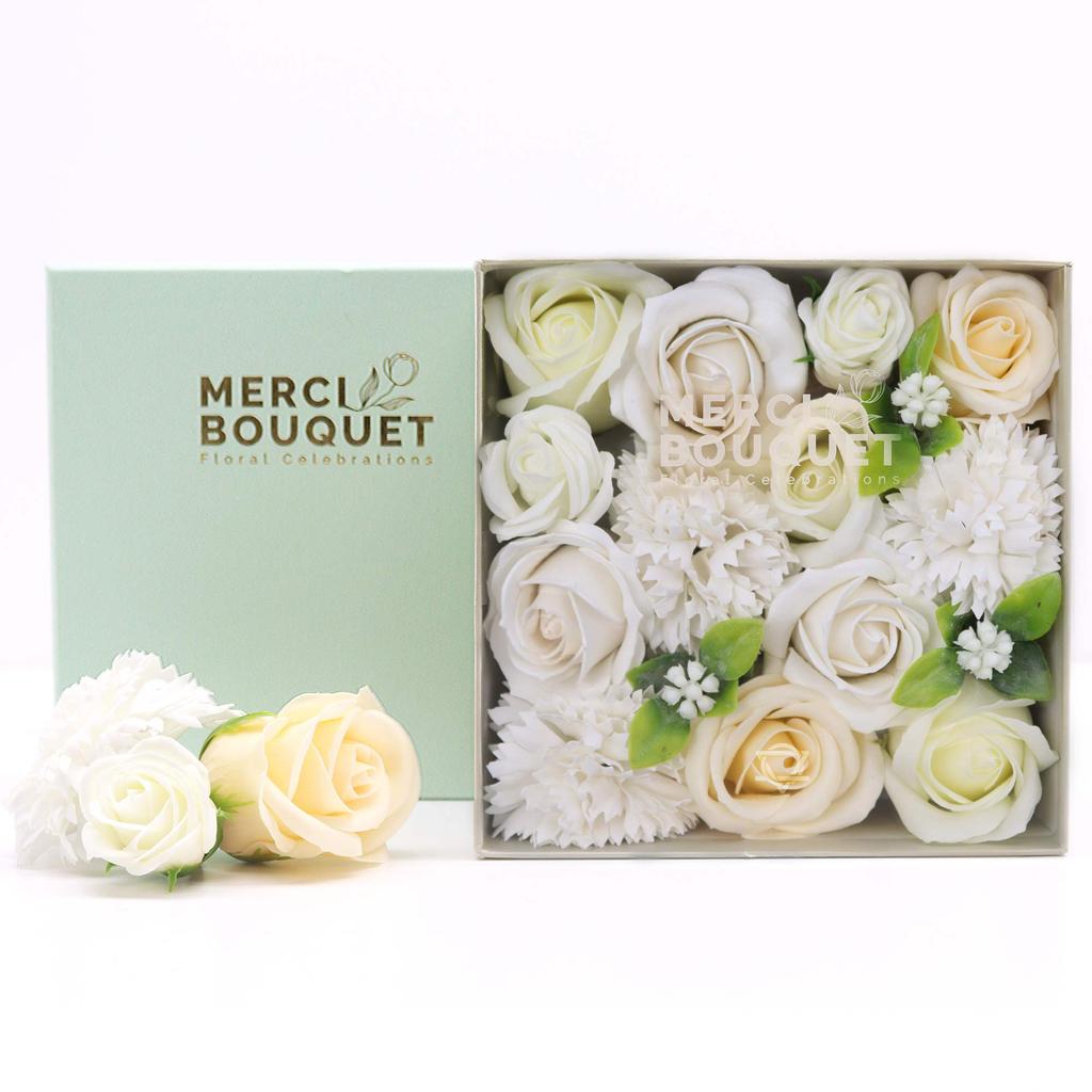 Soap Flowers Square Box Wedding, White and Ivory