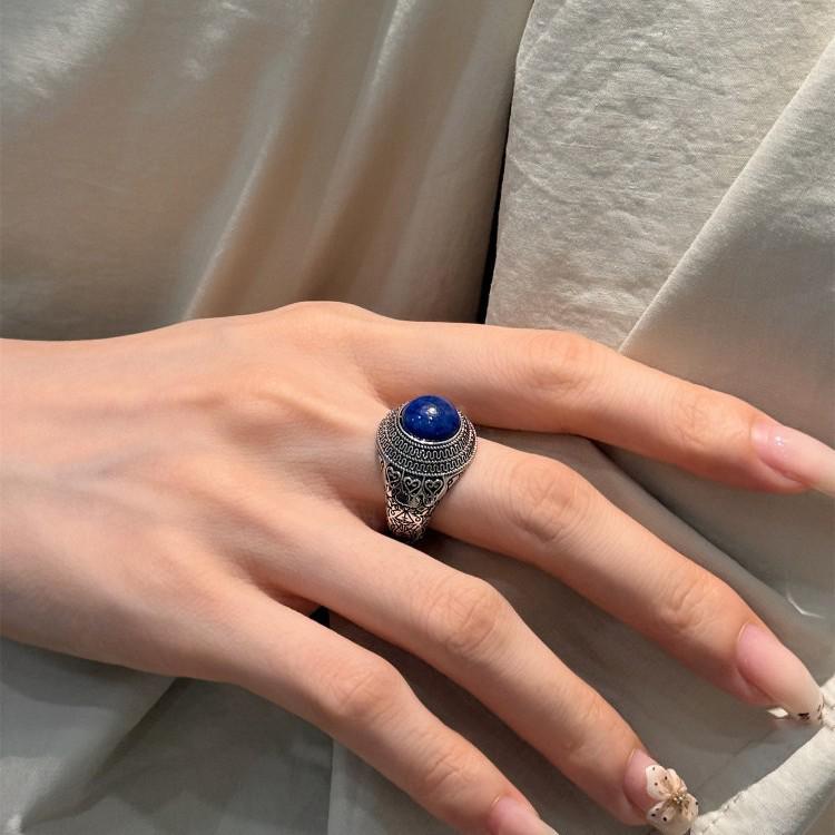 Stylish S925 Sterling Silver Lapis Lazuli Open Ring - Women's Retro, Versatile Punk Design