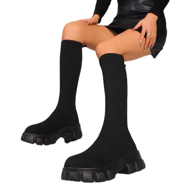 Flying Socks Boots Women's 2025 Autumn and Winter New Large Size Thick Bottom Solid Color Round Head Long Tube Thin Boots Martin Boots