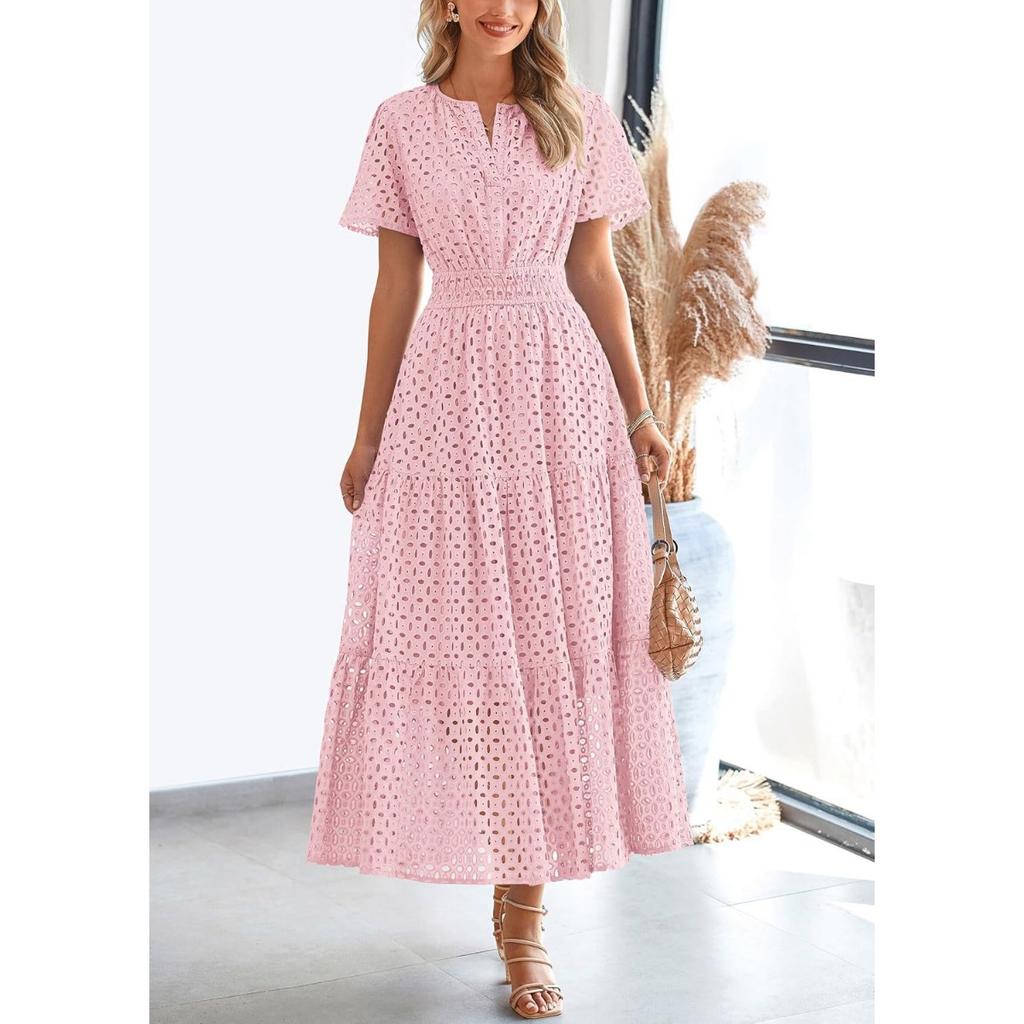 Women's Summer V-Neck A-Line Cutout Lace Short Sleeve Mini Dress for Women European American Casual Party Cocktail Dress